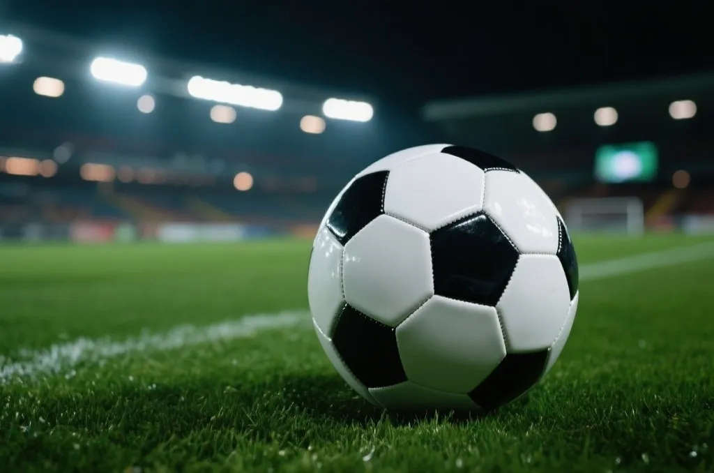 Close-up of a modern soccer ball resting on a lush green grass field with stadium lights glowing softly in the background